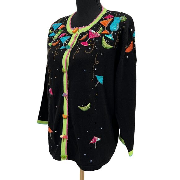 Just‎ B Bright Pattern Cardigan Beaded Sequin Mixed Drinks Fruit Sweater - Picture 3 of 7
